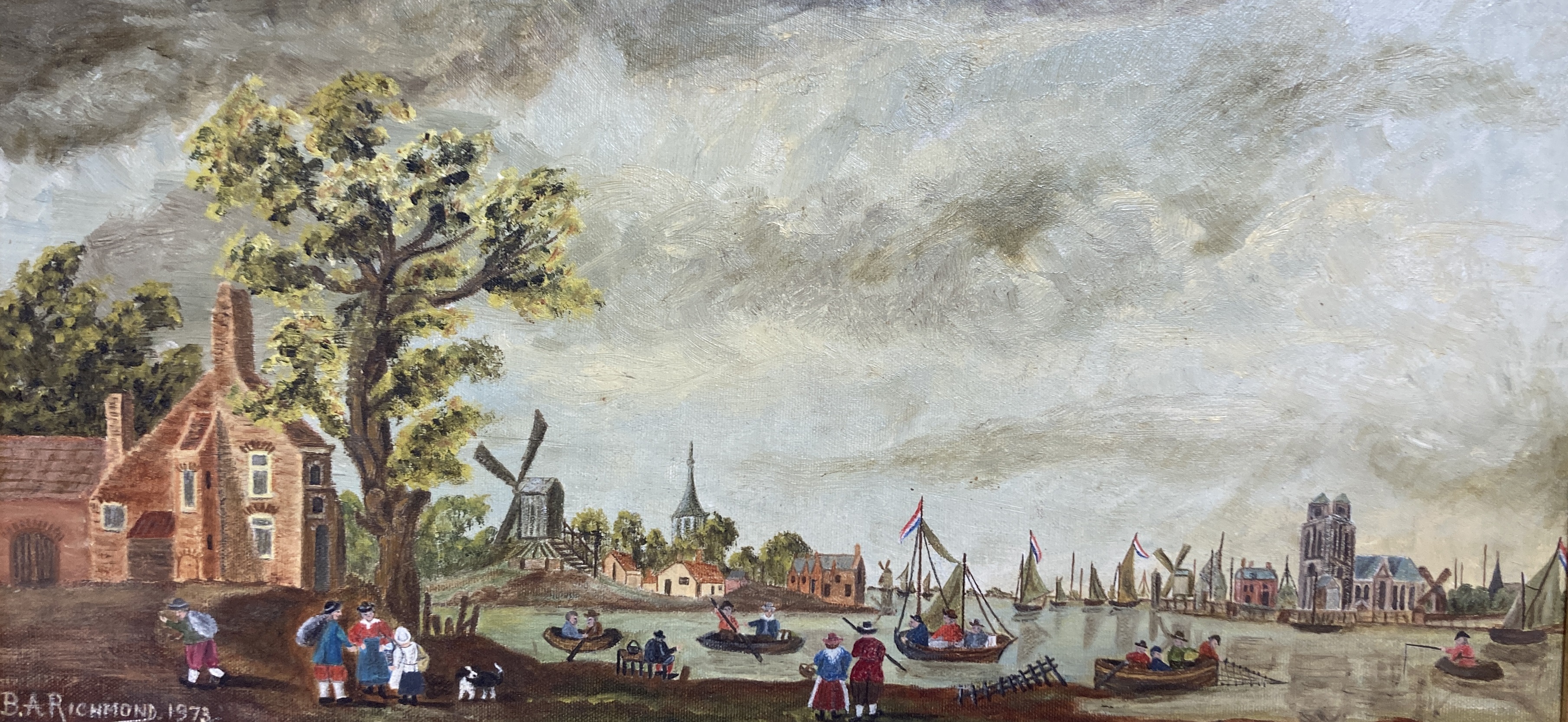 B.A. Richmond, oil on canvas, 17th century style Dutch river landscape, 30 x 60cm, an oil of a riverside church, c.1900 and a small watercolour of a cottage